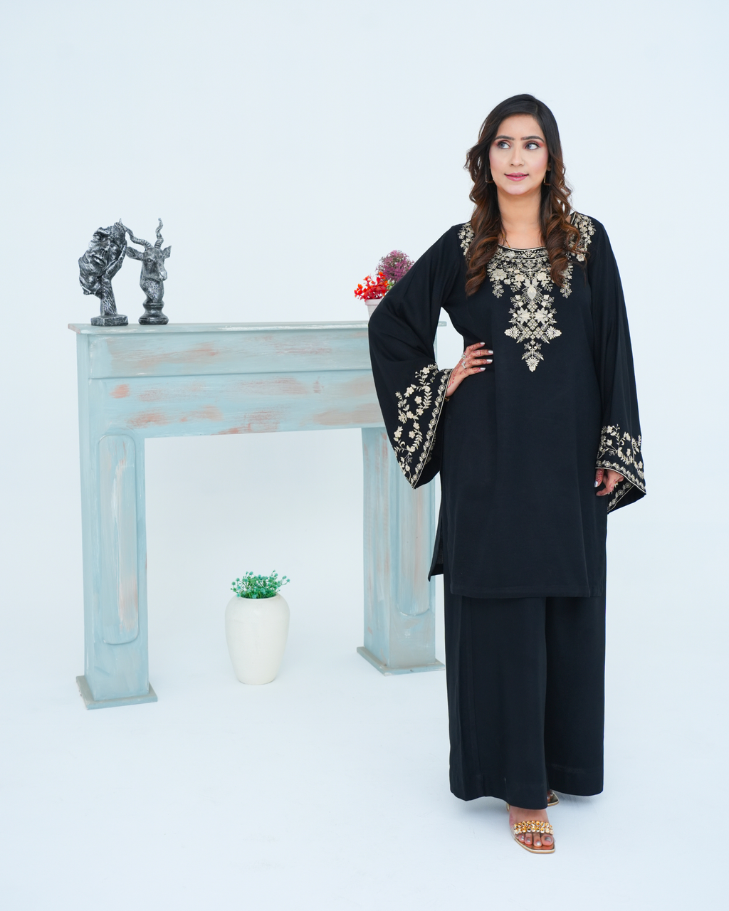 Black Embroidered Cord Set