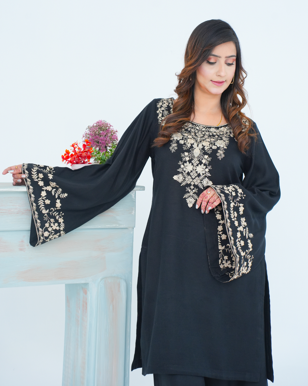 Black Embroidered Cord Set